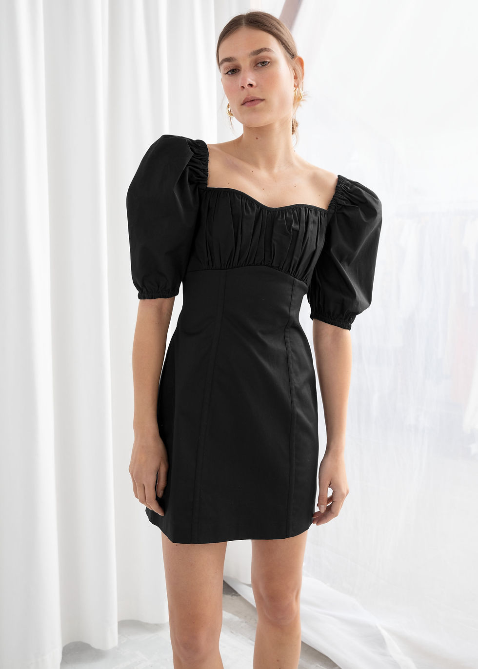 & Other Stories Ruched Fitted Cotton Puff Sleeve Mini Dress $62