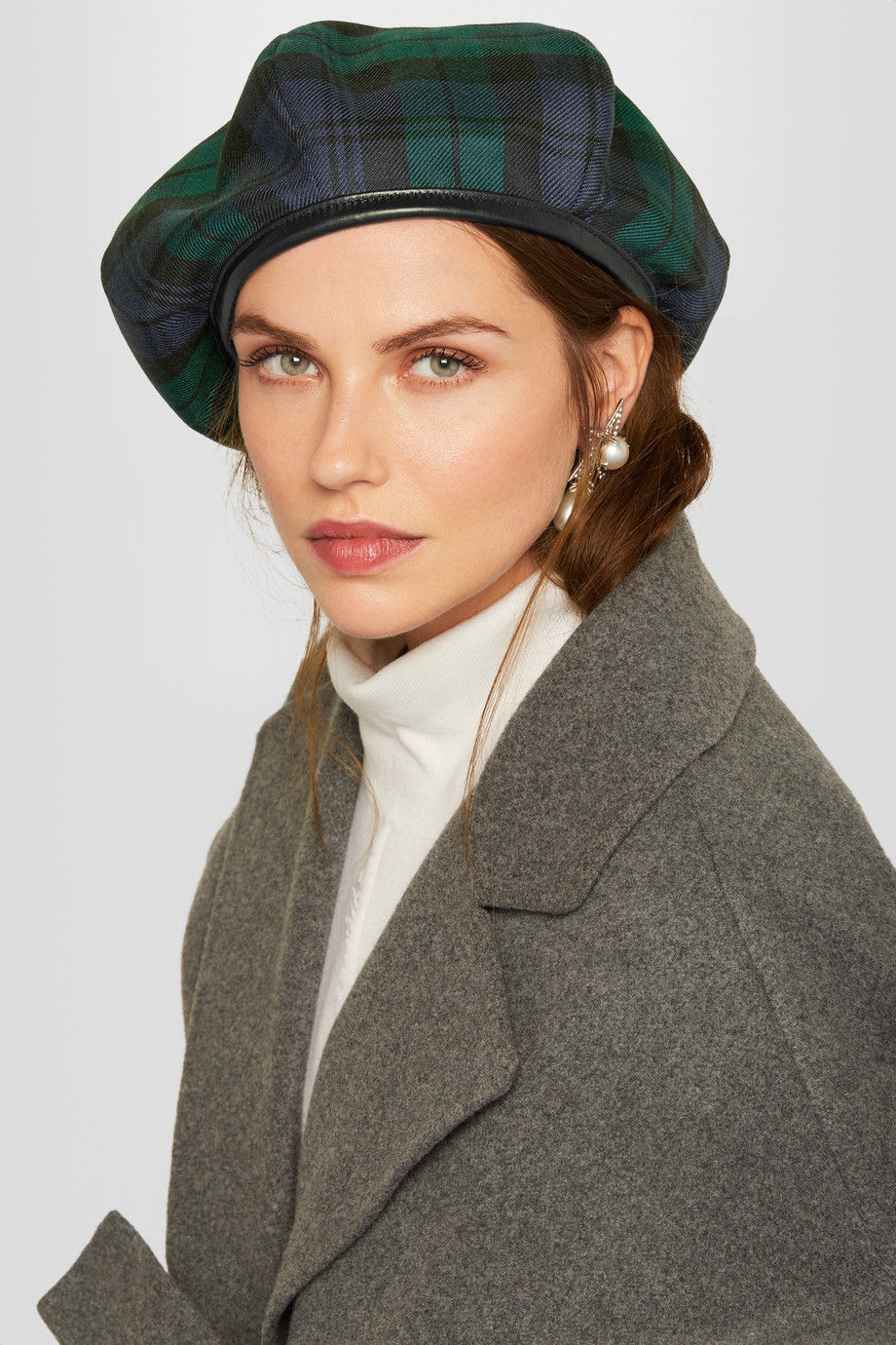 Miu Miu Leather-trimmed tartan wool beret $270
