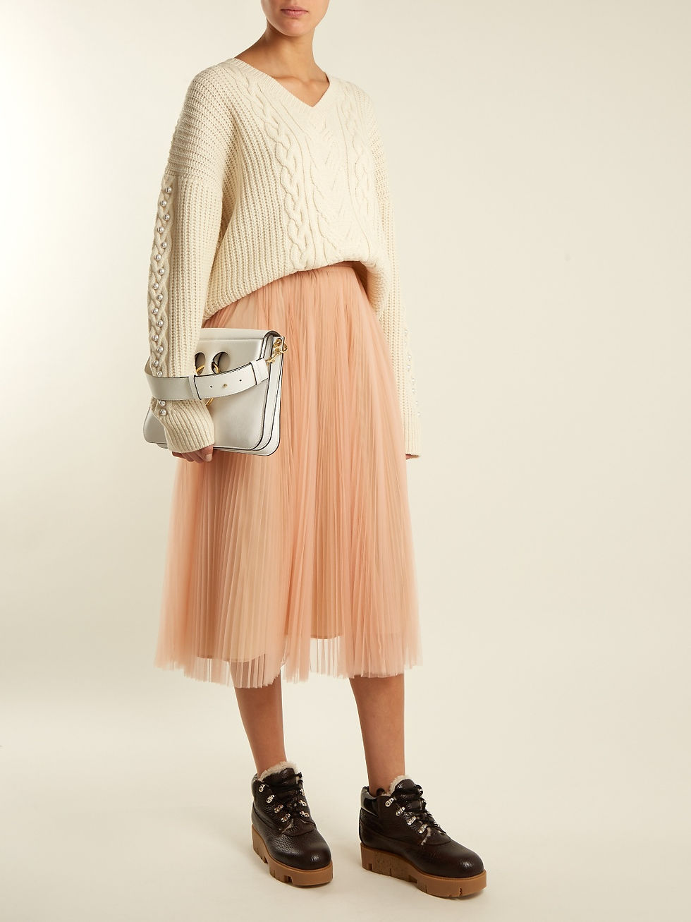 Muveil Ivory V-neck pearl-embellished cable-knit sweater $590