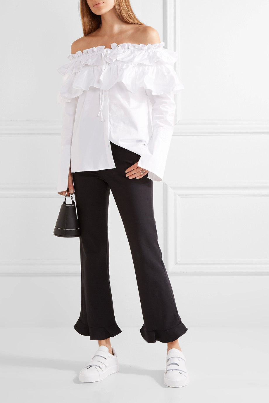 Opening Ceremony Mercer ruffled off-the-shoulder stretch cotton-poplin top $325