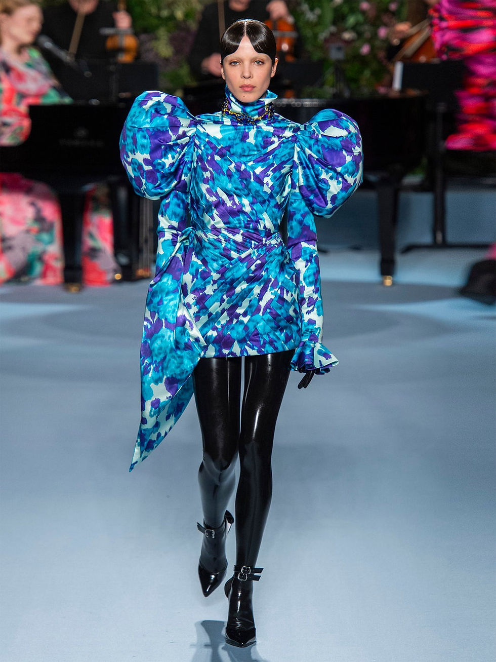 Richard Quinn Exaggerated Puff-shoulder floral-print pleated mini dress $2,787