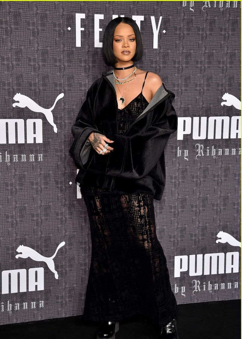 Rihanna debuting the Fenty x Puma collection  2/12/16-layered necklaces