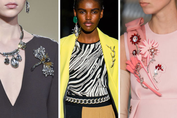 From left to right: Les Copains, Fausto Puglisi and Prada (shop brooches)