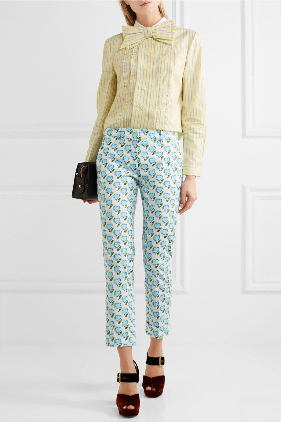 Prada Bow-embellished ruffled striped cotton shirt $840