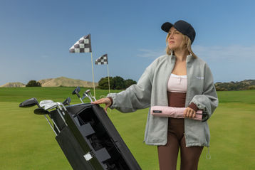 celebrity stylist with golf cart for Cape Kidnappers branding photo shoot