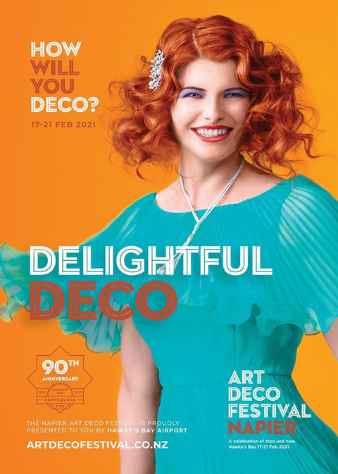 Commercial portrait photography of a girl against orange for Hawke's Bay Art Deco Festival