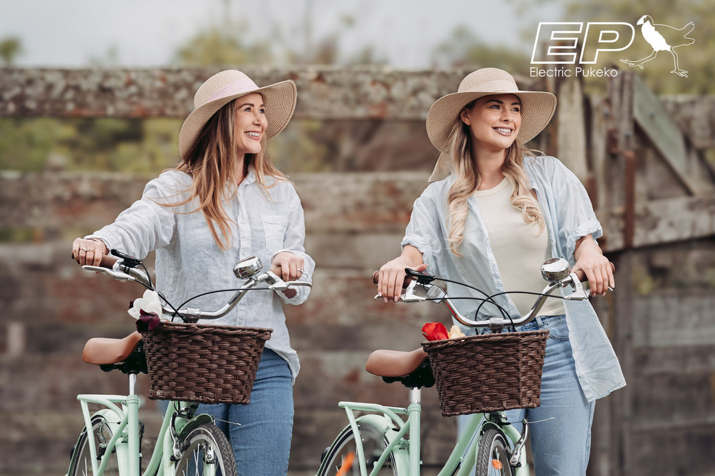 Fashion photography of two girls wearing sun hats with bikes in Hawke's Bay