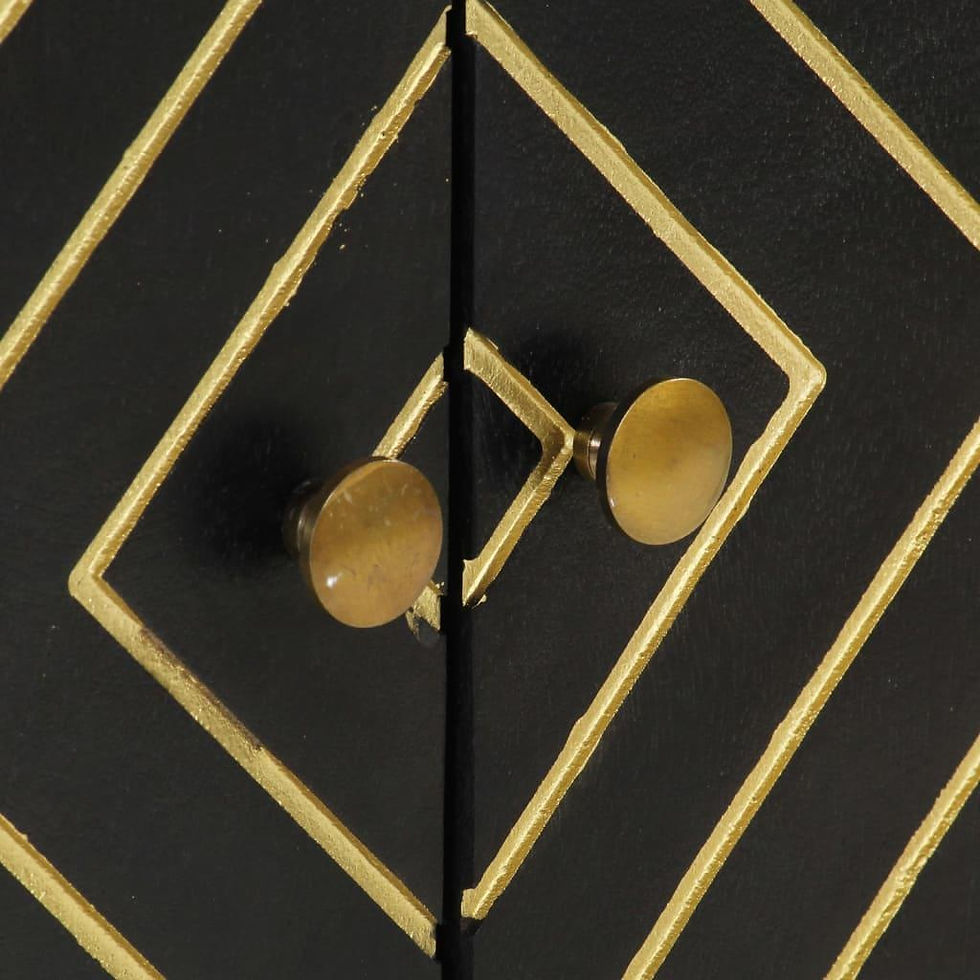 Thumbnail: Black and Gold Sideboard close-up of golden door handles and geometric carved pattern.