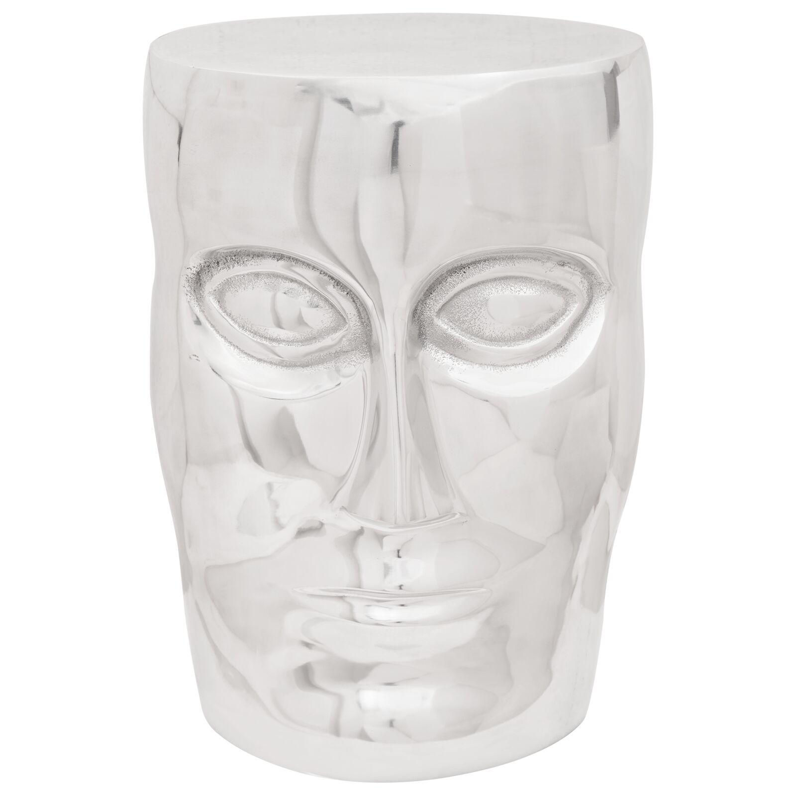 Front view of the Silver Stool Soho made of polished aluminium with sculptural face design.