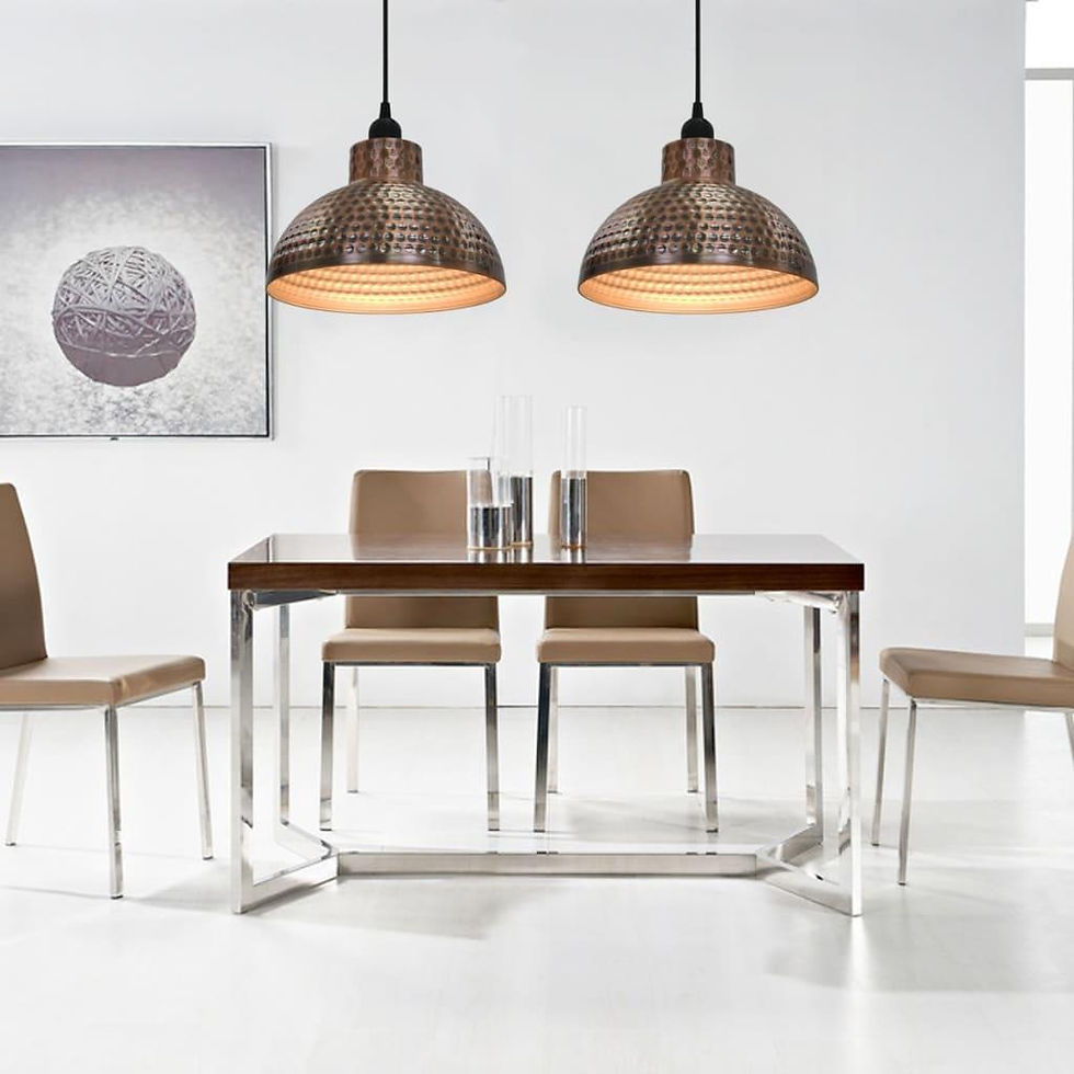 Thumbnail: Copper ceiling lamps above minimalist dining space – modern interior design lightin