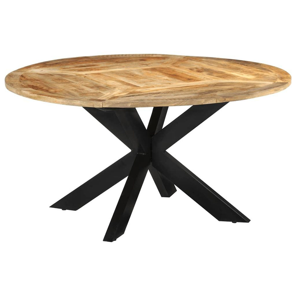 Thumbnail: Round dining table made of mango wood with 150 cm diameter, supported by steel frame.