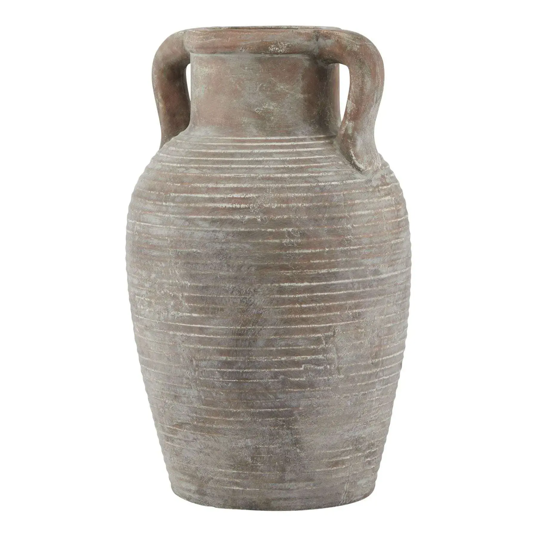 Large brown ceramic amphora vase with ribbed surface and handcrafted aged finish.