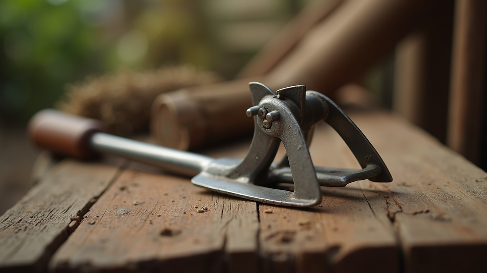 Close-up view of a Tramontina agricultural tool on a wooden surface