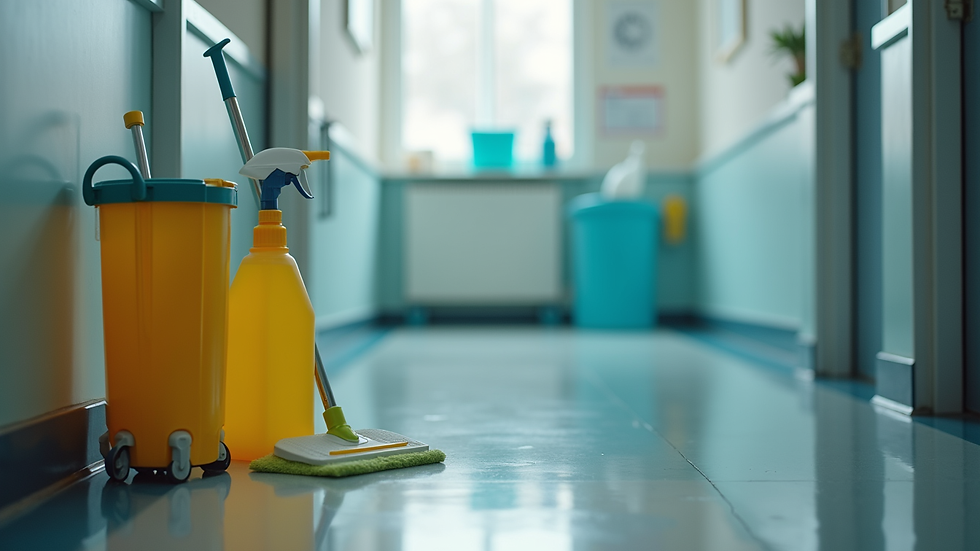 Close-up of janitorial equipment and cleaning supplies