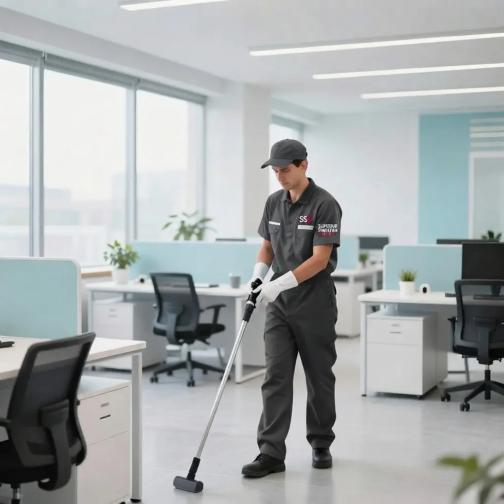 Commercial photography of a uniformed cleaner vacuuming a modern office. The image emphasizes cleanliness and professional service.