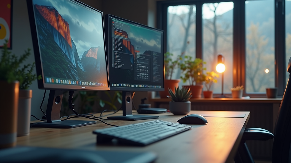 Eye-level view of a modern workspace with a sleek computer setup