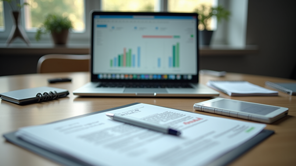 Eye-level view of a tidy office desk with a laptop and financial documents
