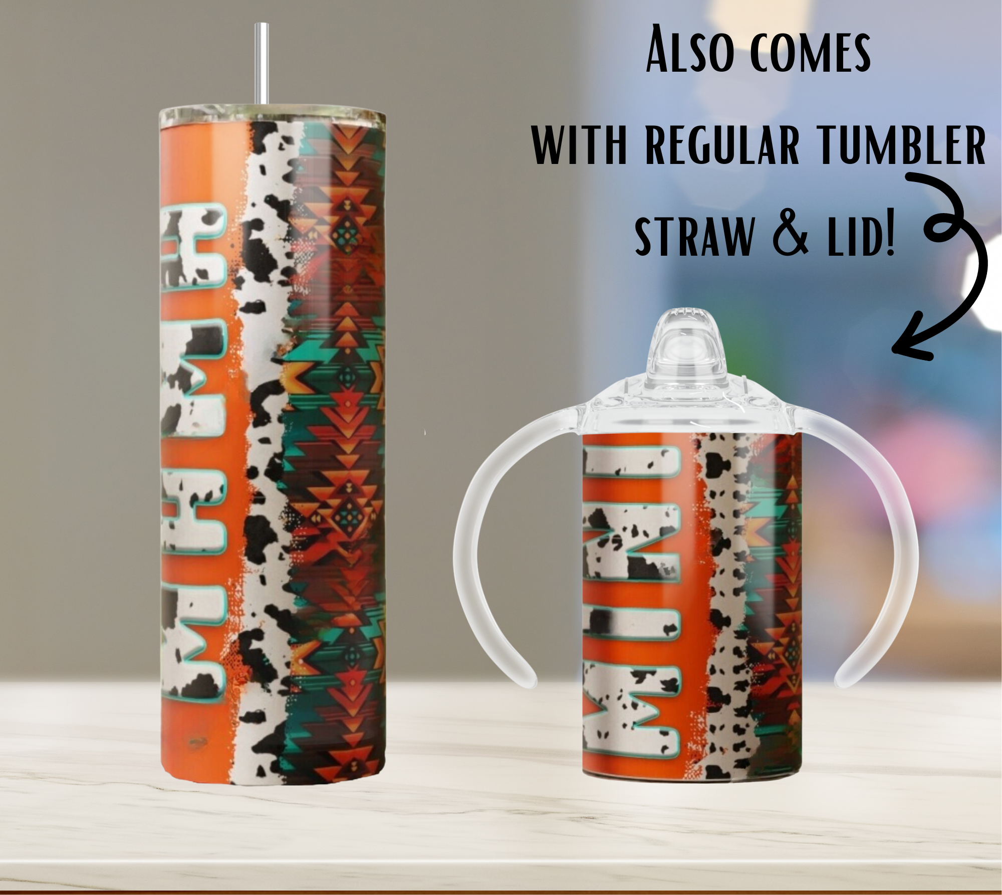 Orange Boho Cow Mama & Mini Tumbler set