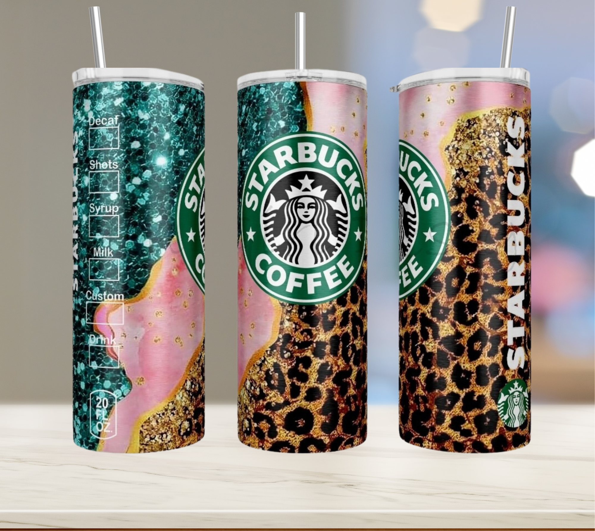 Teal Glitter marble cheetah- 20oz tumbler w/straw and lid 