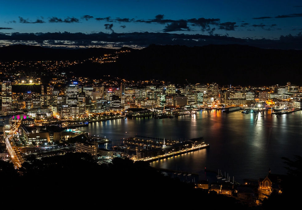 Aerial view of Wellington City Harbour at night