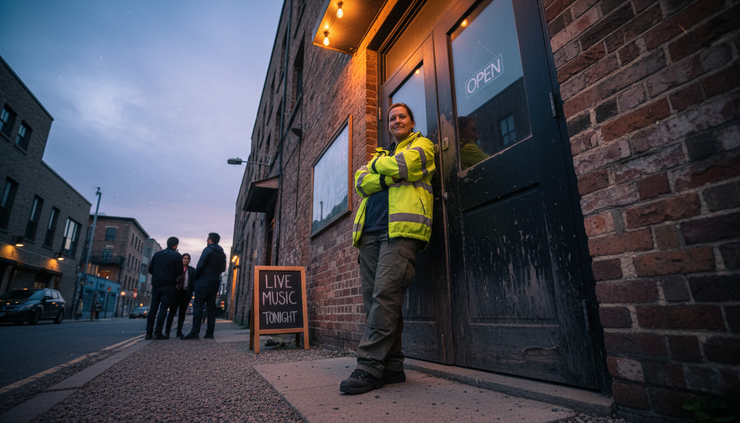 Low-angle view of a licensed security worker standing near a venue entrance at dusk.