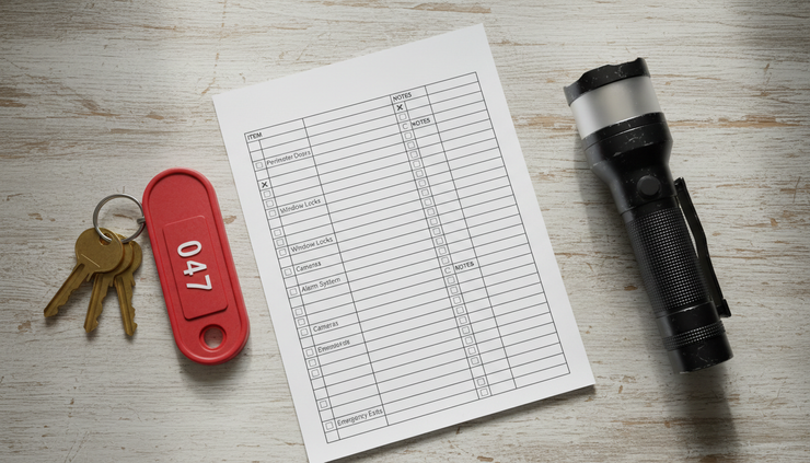 Overhead view of a security checklist beside a key tag and flashlight