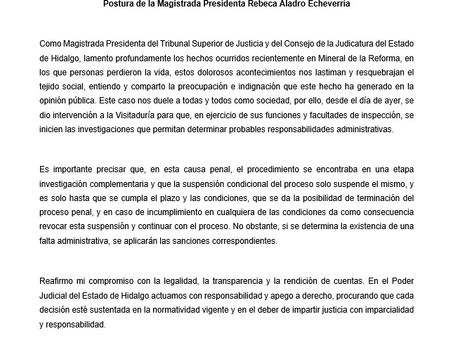 Postura de la Magistrada Presidenta del Tribunal de  Justicia de Hidalgo Rebeca Aladro Echeverría