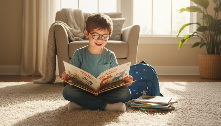 Wide-angle view of a child reading a book at home while wearing new glasses.