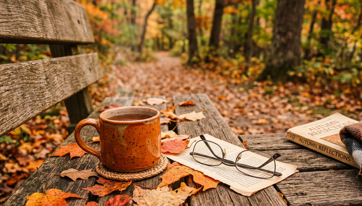 Wide-angle view of autumn leaves surrounding a warm mug and reading glasses.