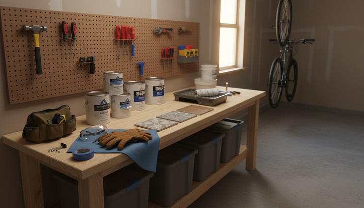 Wide-angle view of a Houston garage workbench with paint cans safety goggles gloves and DIY tools