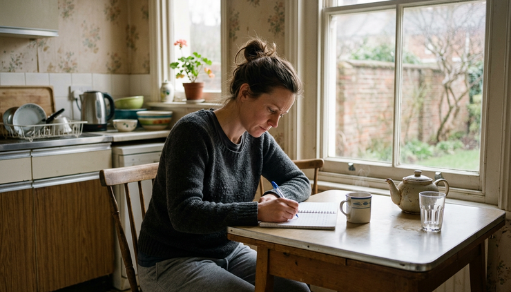 Eye-level view of a person sitting quietly at a kitchen table with a notebook and a cup of tea