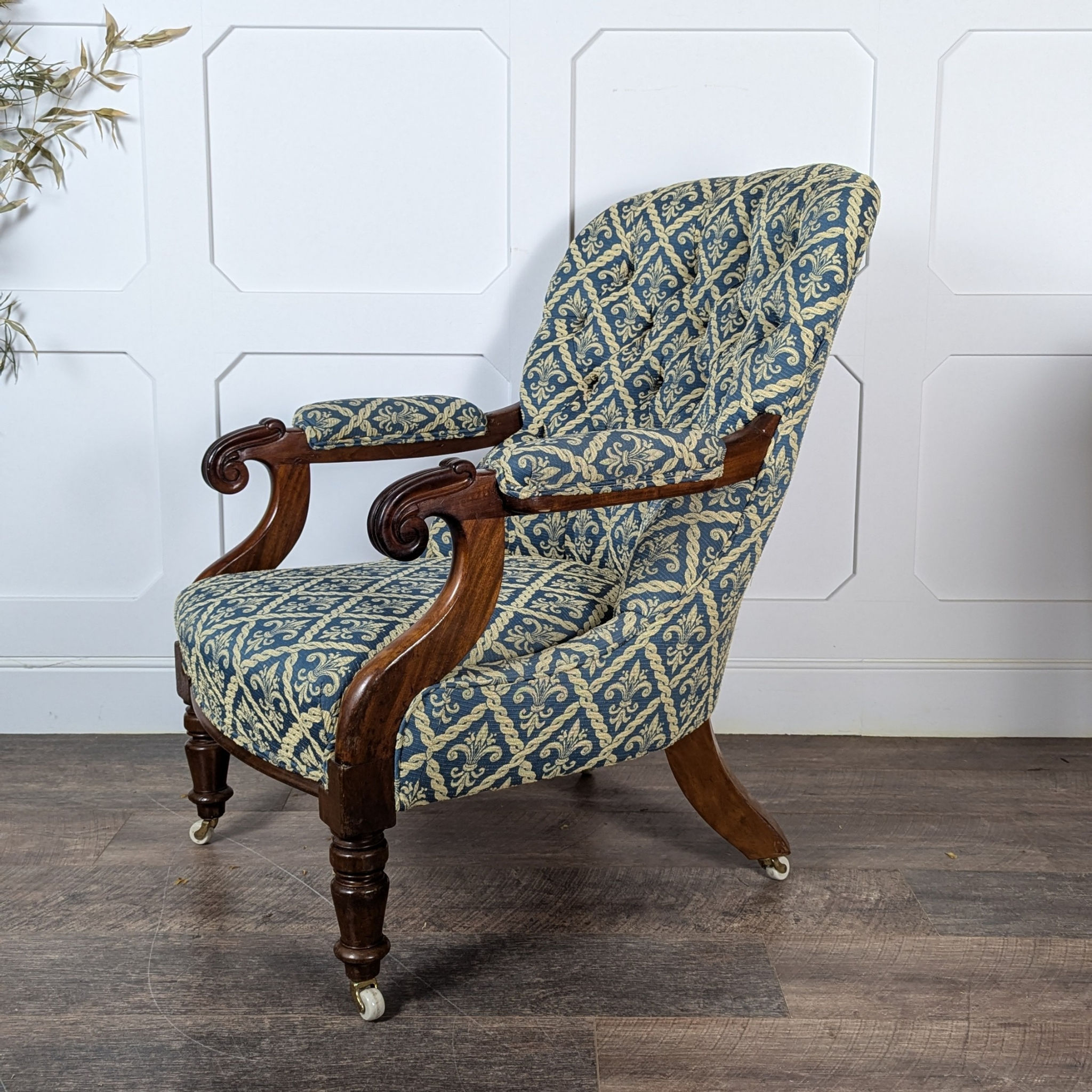 Victorian Mahogany Button Back Chair On Turned Legs