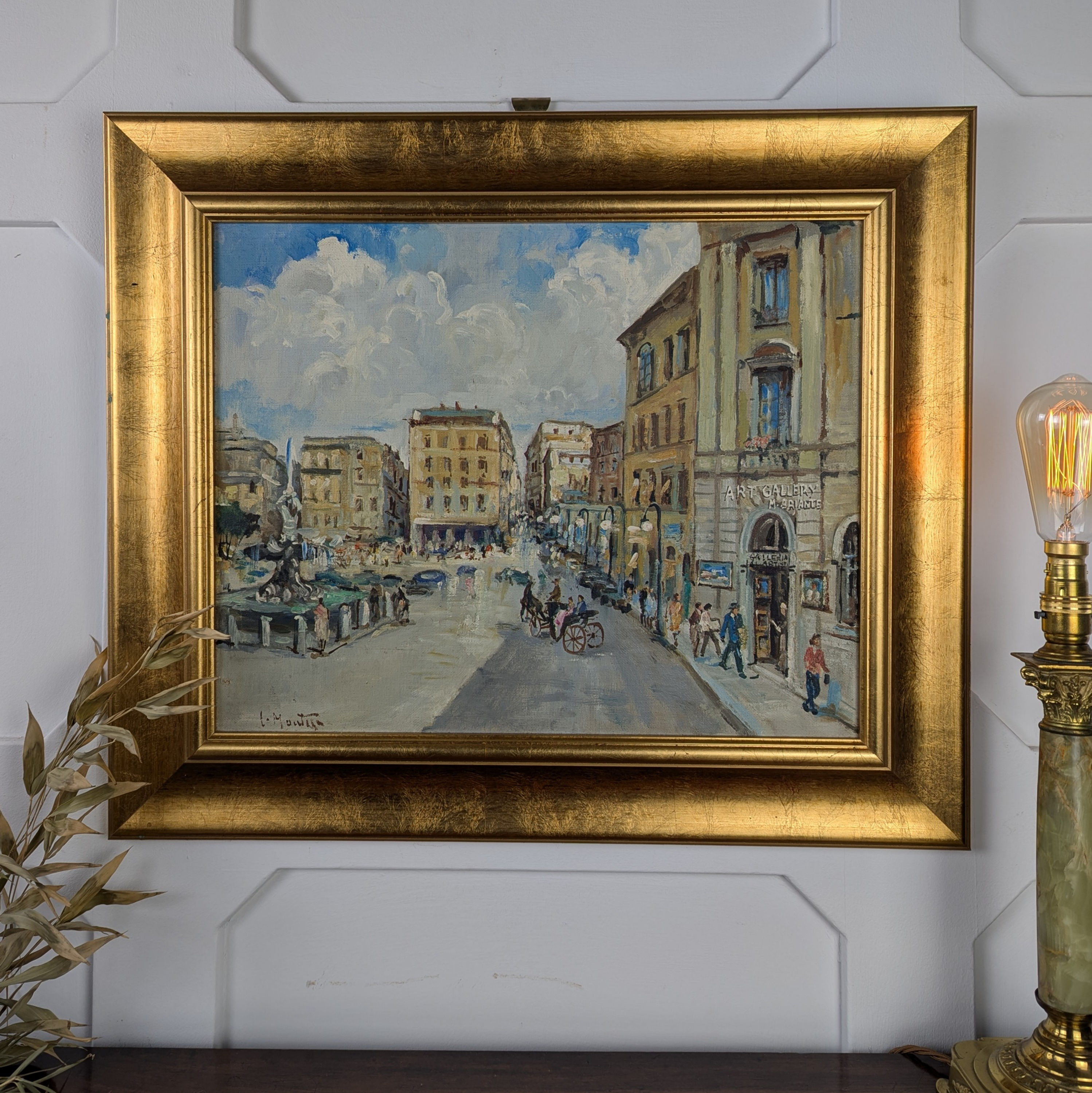 Italian Oil Painting – M. Briante’s Gallery And Fontana Del Tritone, Rome