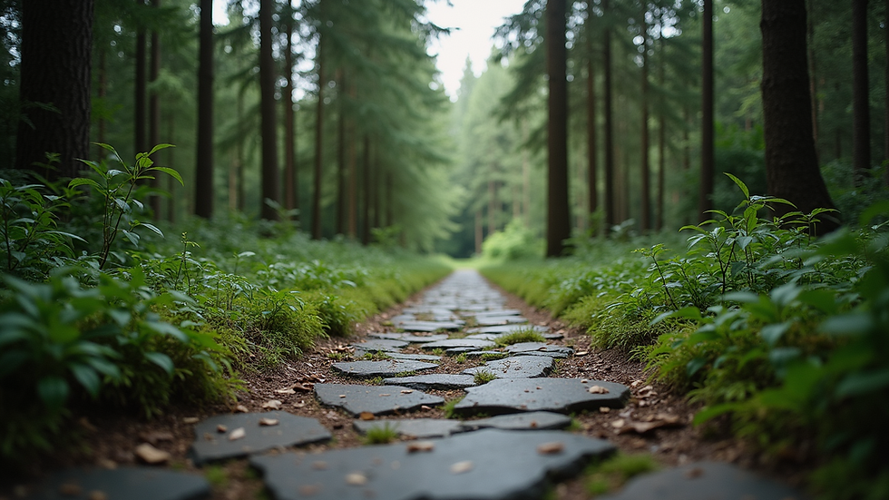 Eye-level view of a rugged stone path leading through a forest
