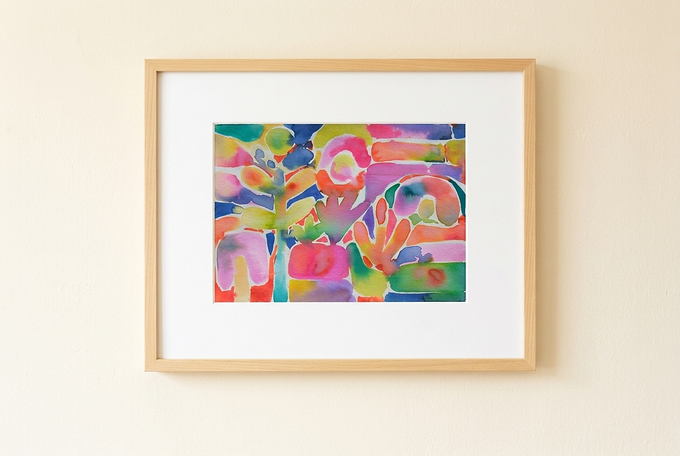 Abstract watercolor painting with colorful geometric shapes in pink, orange, yellow, green, blue, and purple, floral mosaic