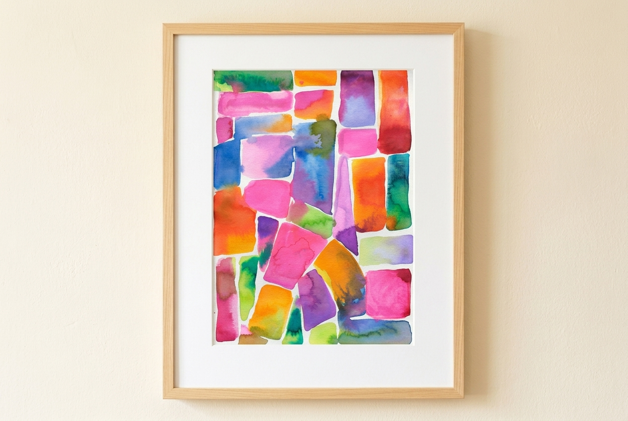Abstract watercolor painting with colorful rectangular shapes in pink, orange, yellow, green, blue, and purple, arranged in a