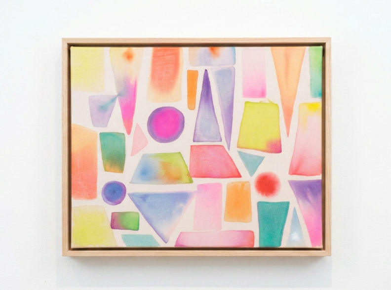Abstract painting with colorful triangles, circles, and geometric shapes in pink, green, and blue on cream canvas