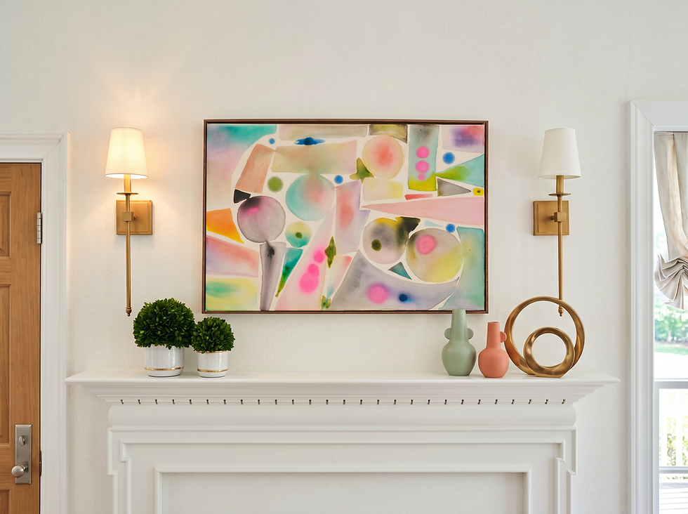 Thumbnail: Abstract painting with overlapping pastel circles, triangles, and geometric shapes in blush, teal, and hot pink on white
