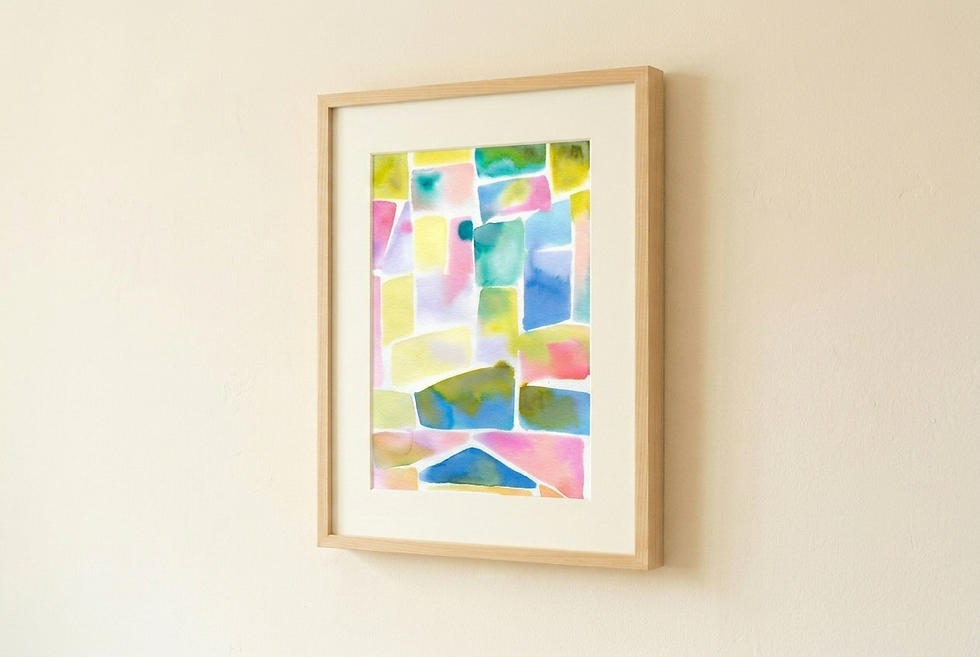 Abstract watercolor painting with colorful geometric shapes in pink, orange, yellow, green, blue, and purple, mosaic