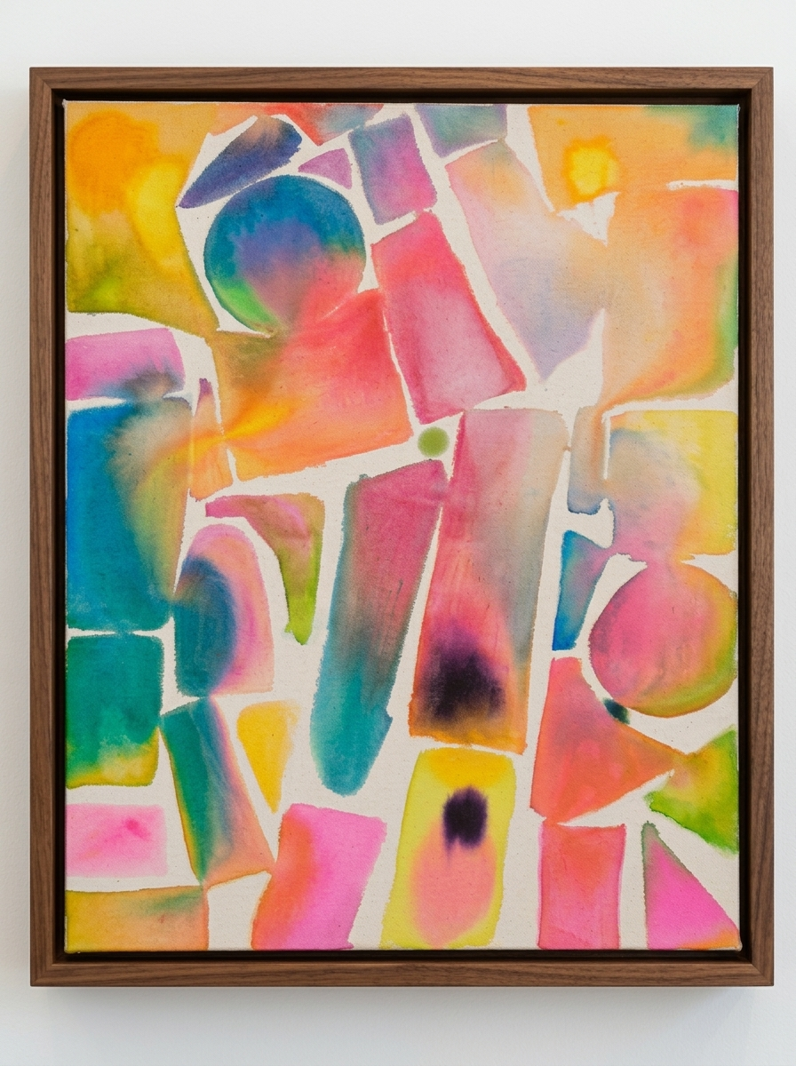 Abstract painting with vibrant watercolor shapes in orange, pink, teal, and purple on cream canvas