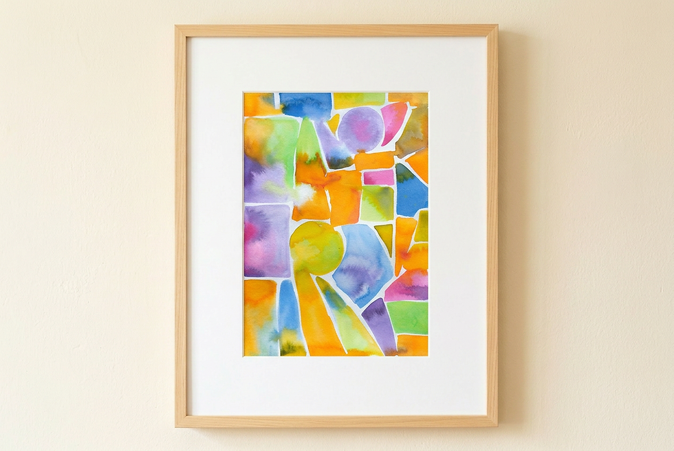 Abstract watercolor painting with colorful geometric shapes in pink, orange, yellow, green, blue, and purple, arranged in an 