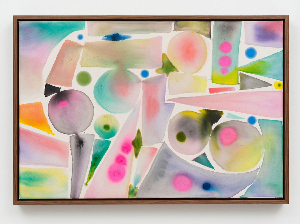 Abstract painting with overlapping pastel circles, triangles, and geometric shapes in blush, teal, and hot pink on white