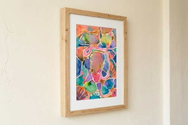 Abstract watercolor painting, floral, colorful geometric shapes in pink, orange, yellow, green, blue, and purple, 