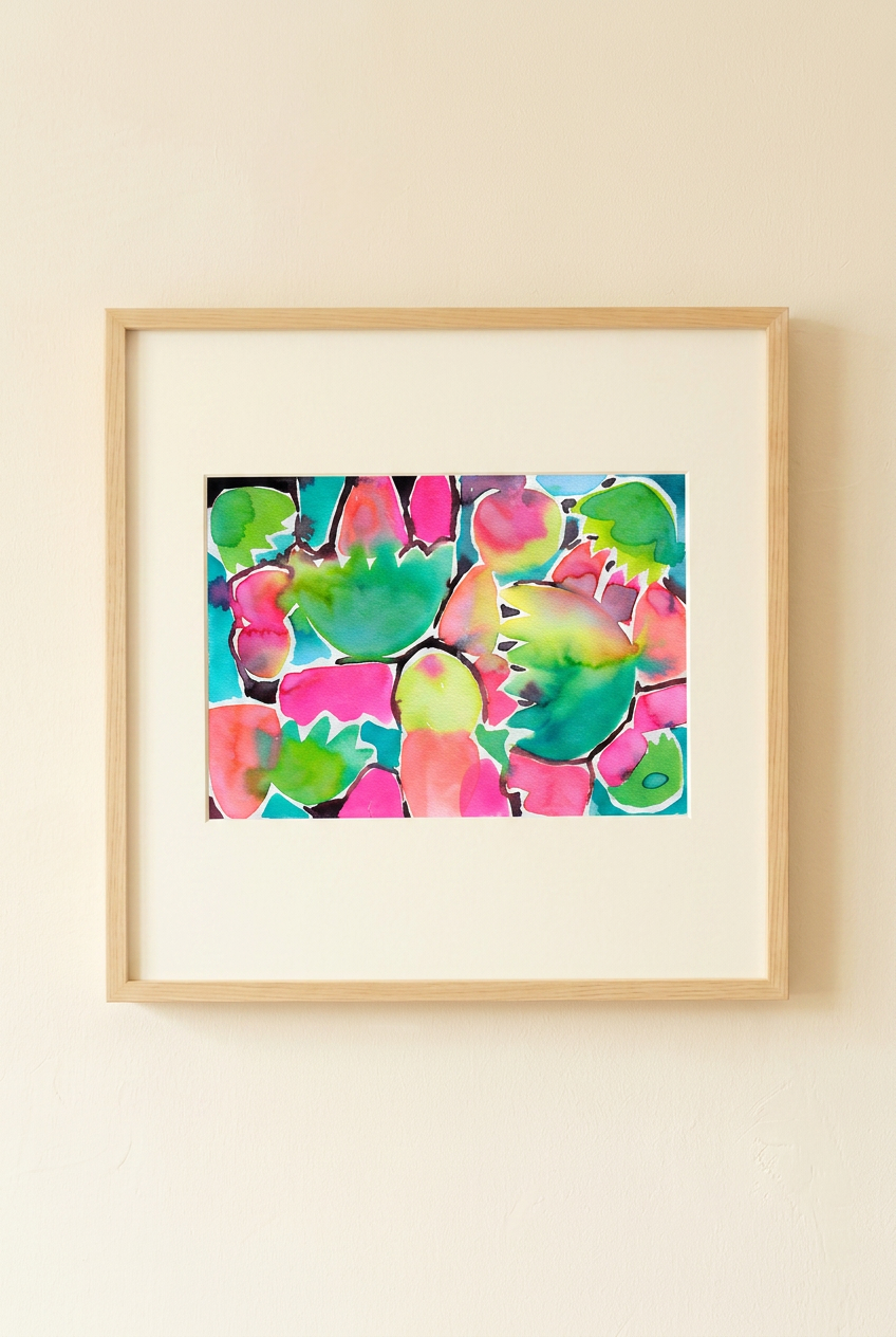 Abstract watercolor painting in bright pink, green, yellow, and teal with organic, rounded shapes and soft blended edges.