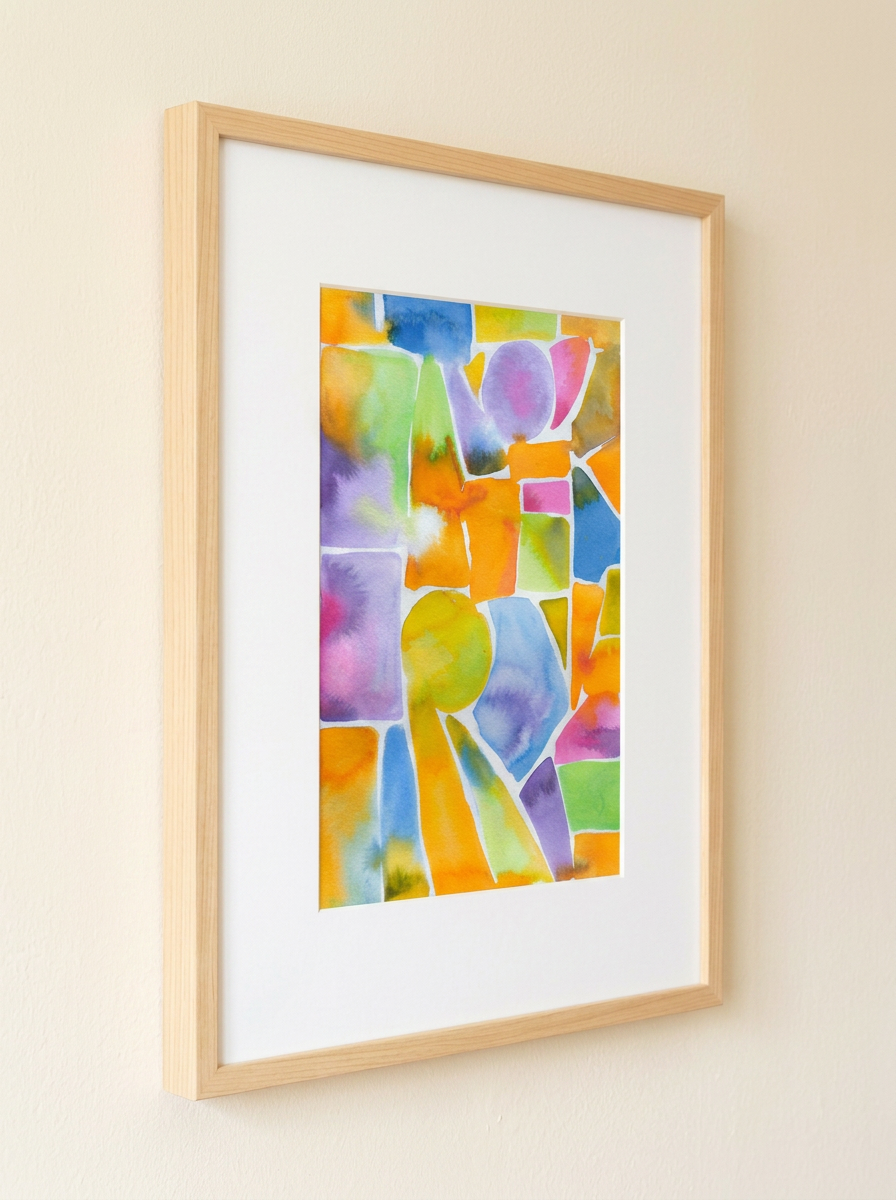 Abstract watercolor painting with colorful geometric shapes in pink, orange, yellow, green, blue, and purple, arranged in an 
