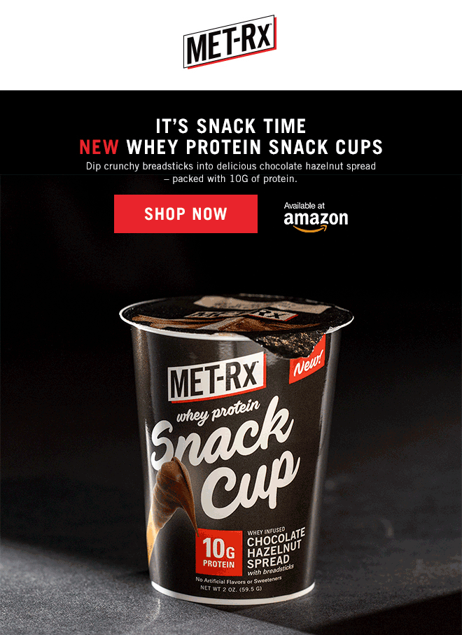 MET-Rx email gif with a snack cup spinning and opening