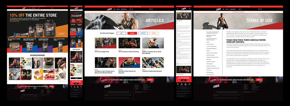 Website design showing articles, the online store, and contact details.