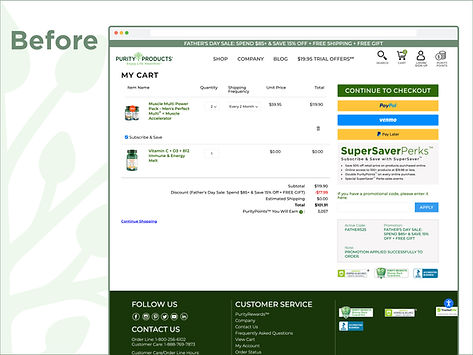 Before view of shopping cart with product details and total cost.