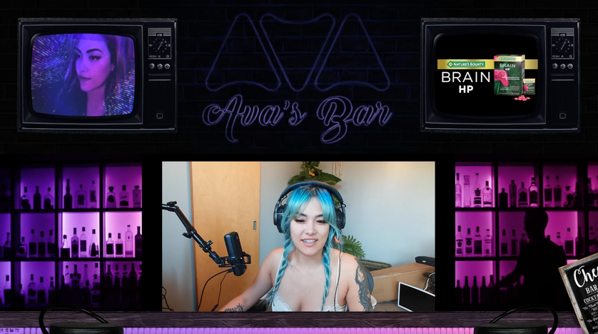 Ava's Bar Twitch stream: Ava smiles at camera.