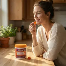Woman eating a gummy supplement